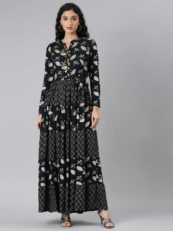 Neerus Navy Blue Curved Casual Floral Maxi Dresses Comfortable Ruffle Maxi Dress
