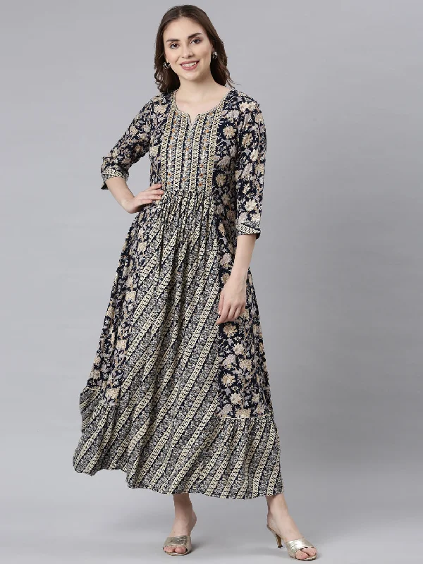 Neerus Navy Blue Flared Casual Ethnic Motifs Maxi Dresses Elegant Floral Maxi Dress