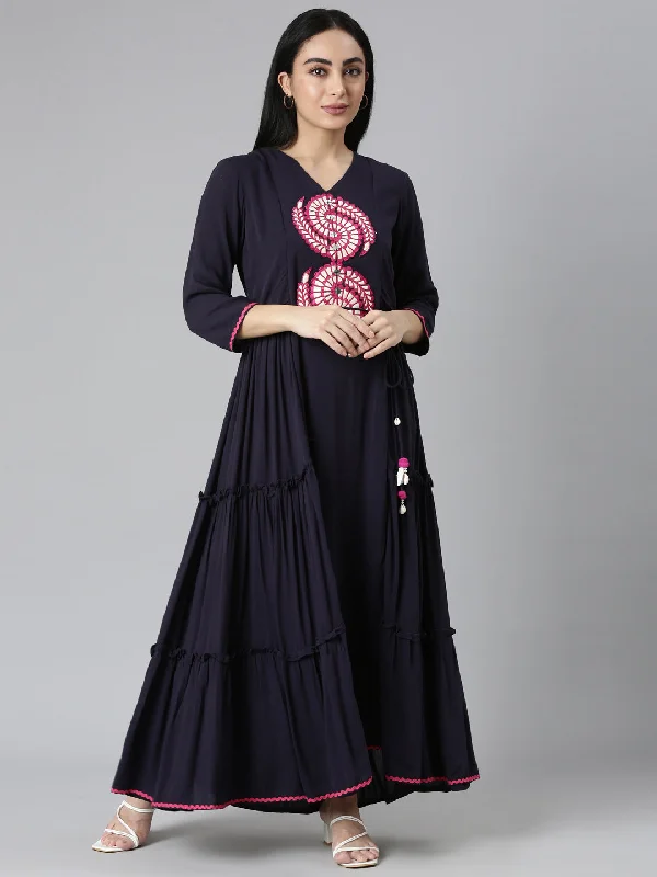 Neerus Navy Blue Flared Casual Solid Maxi Dresses Stylish Off-Shoulder Maxi Dress
