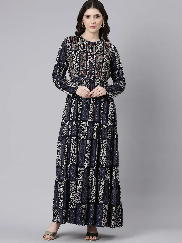 Neeru's Navy Blue Straight Casual Printed Maxi Dresses Comfortable Bohemian Maxi Dress Neeru's Navy Blue Straight Casual Printed Maxi Dresses Comfortable Bohemian Maxi Dress