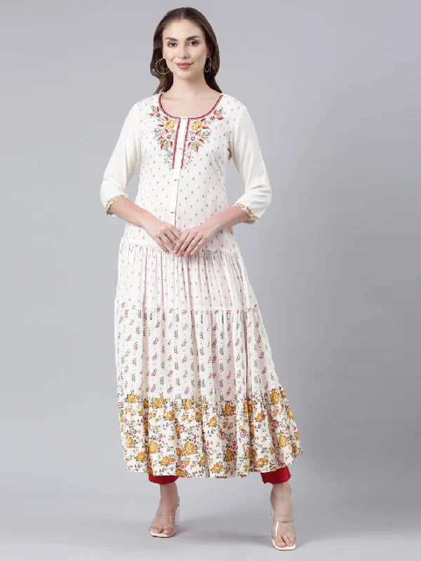 Neerus Off White Flared Casual Solid Maxi Dresses Elegant Tiered Maxi Dress