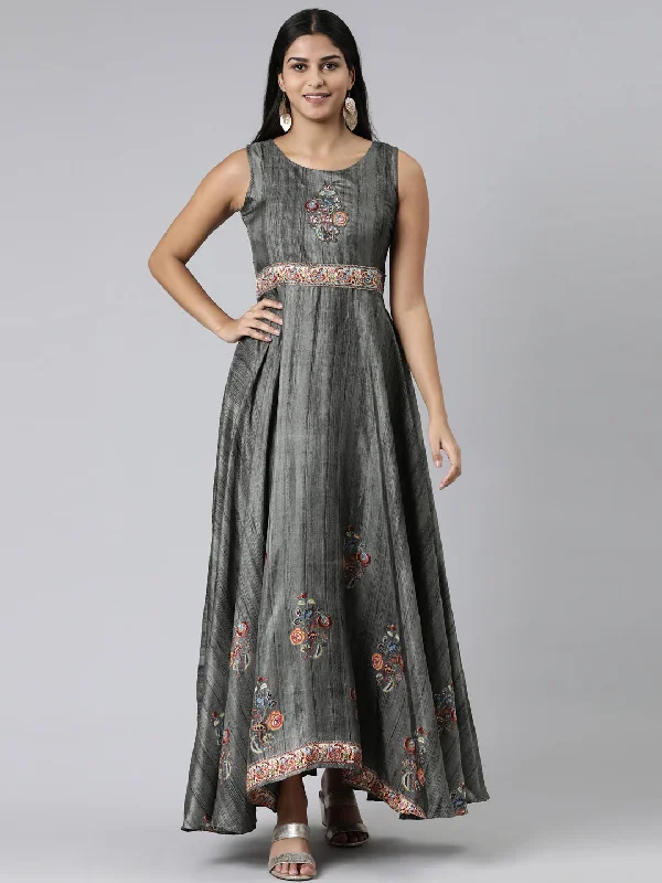 Neeru's Olive Curved Casual Embroidered Maxi Dress Comfortable Ruffle Hem Maxi Dress