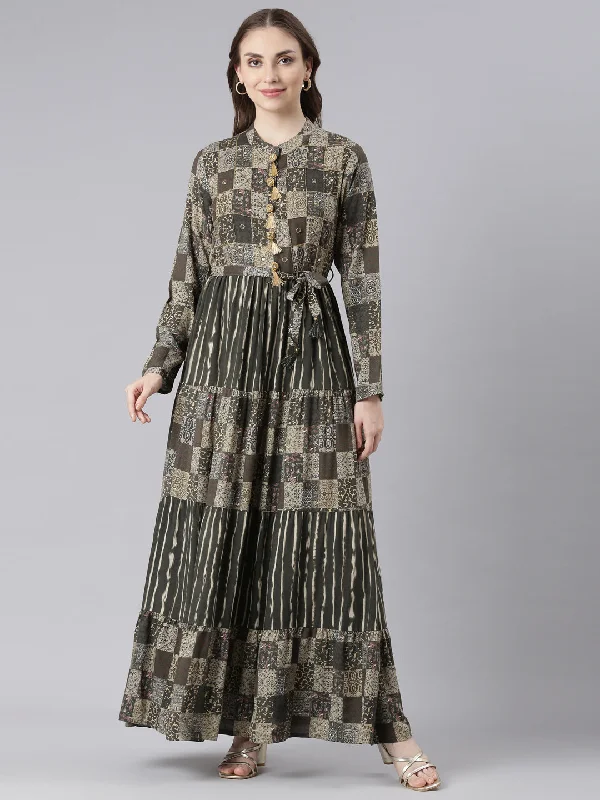 Neerus Olive Viscose Rayon Curved Casual Geometric Maxi Dresses. Stylish Empire Waist Maxi Dress Neerus Olive Viscose Rayon Curved Casual Geometric Maxi Dresses. Stylish Empire Waist Maxi Dress