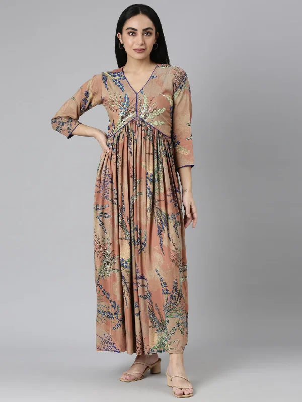 Neerus Onion Pleated Casual Maxi Dresses Stylish Maxi Dress with Pleats