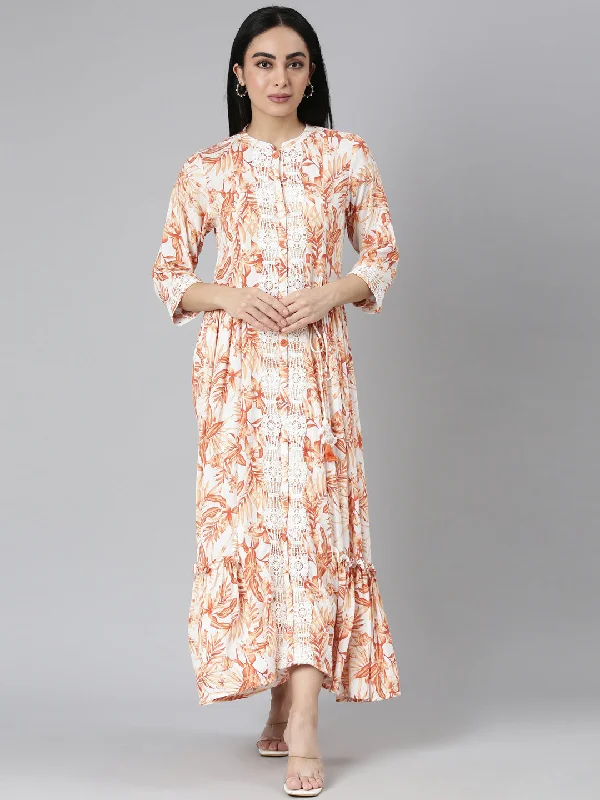 Neerus Orange Flared Casual Floral Maxi Dresses Trendy Button Front Maxi Dress