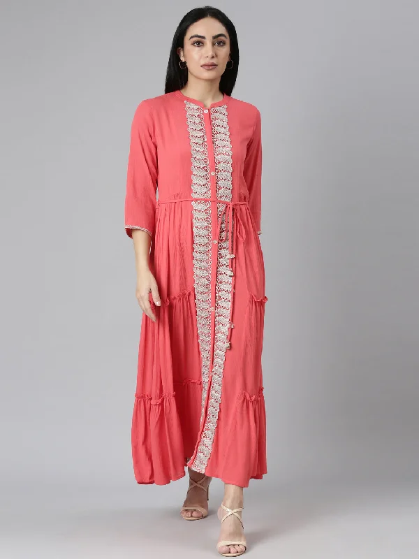 Neerus Orange Flared Casual Solid Maxi Dresses Classic V-Neck Maxi Dress