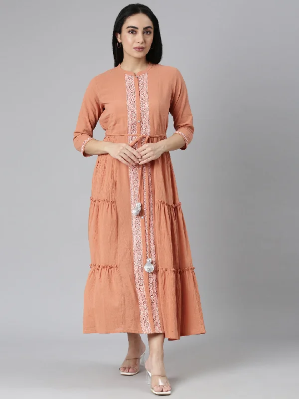 Neerus Orange Flared Casual Solid Maxi Dresses Cozy Maxi Dress with Slit