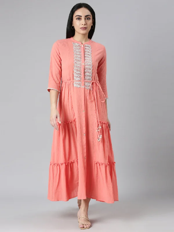 Neerus Orange Flared Casual Solid Maxi Dresses Elegant Silk Maxi Dress