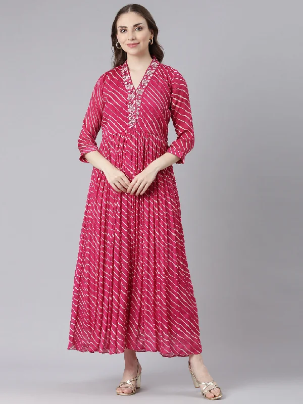 Neerus Pink Cotton Straight Casual Ethnic Motifs Maxi Dresses Elegant Maxi Dress with Belt