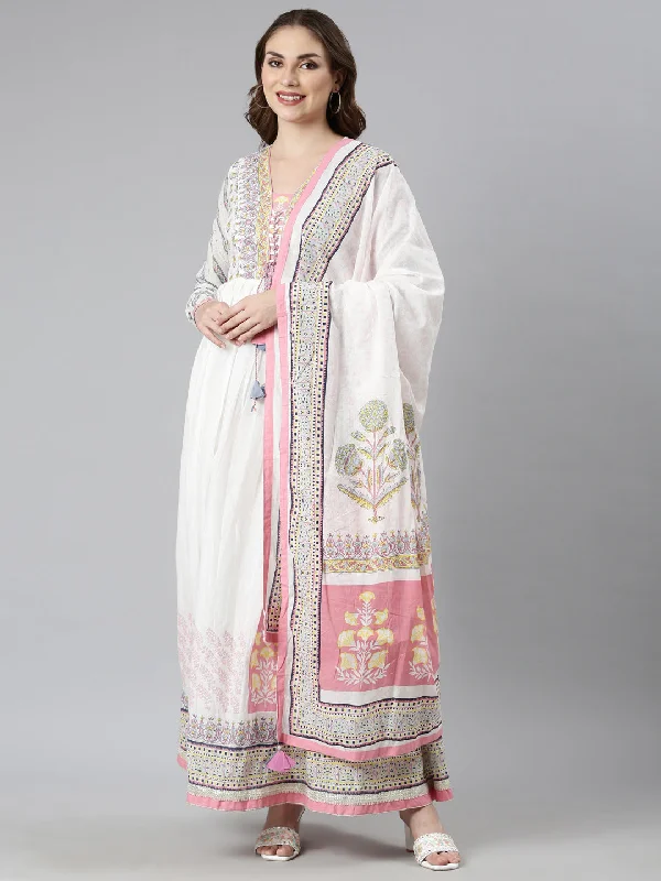 Neerus Pink Flared Casual Floral Maxi Dresses Trendy Maxi Dress with Belt