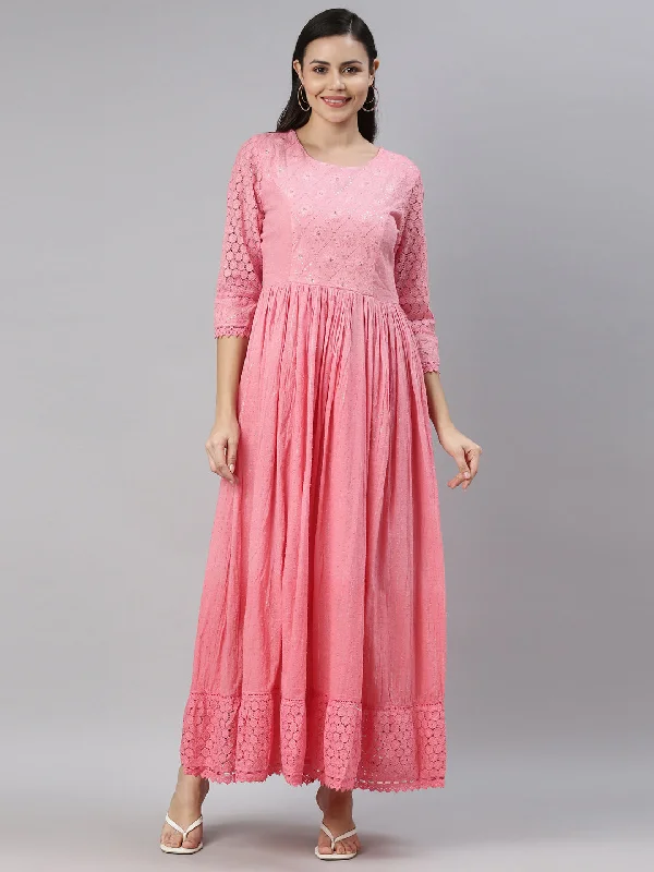 Neerus Pink Floral Embroidered Ethnic Maxi Dress Comfortable Maxi Dress with Belt