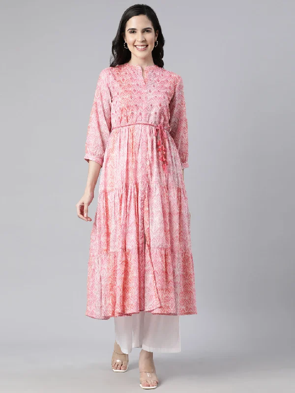 Neerus Pink Straight Casual Floral Maxi Dresses Trendy Ruffled Maxi Dress