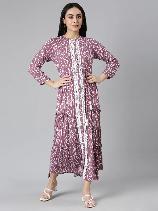 Neerus Purple Flared Casual Ethnic Motifs Maxi Dresses Cozy Ruffle Sleeve Maxi Dress