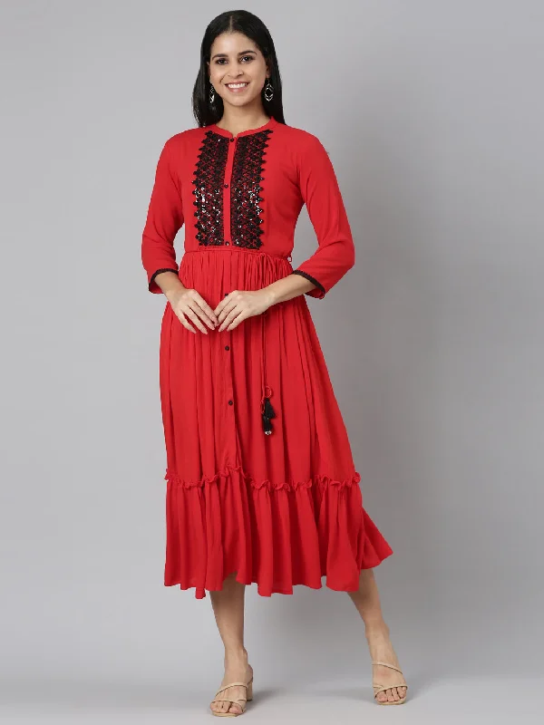 Neerus Red Flared Casual Solid Maxi Dresses Chic Button-Up Maxi Dress
