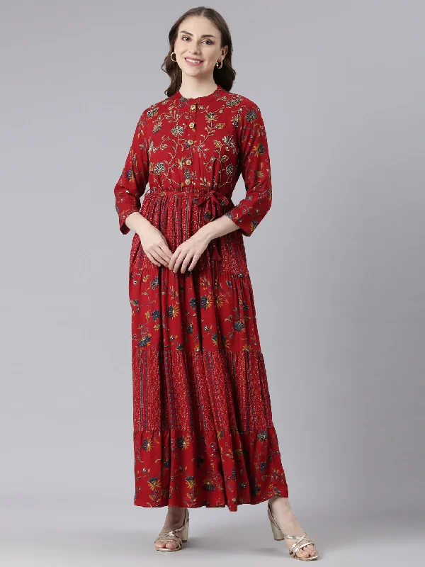 Neerus Red Viscose Rayon Straight Casual Floral Maxi Dresses Fashionable Sleeveless Maxi Dress Neerus Red Viscose Rayon Straight Casual Floral Maxi Dresses Fashionable Sleeveless Maxi Dress