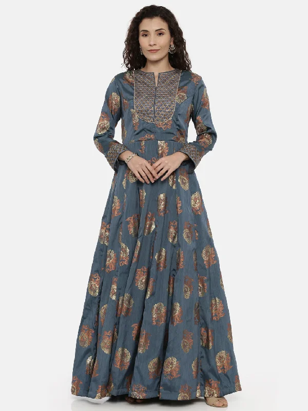 Neerus Women Blue Printed Maxi Dress Cozy Knitted Maxi Dress