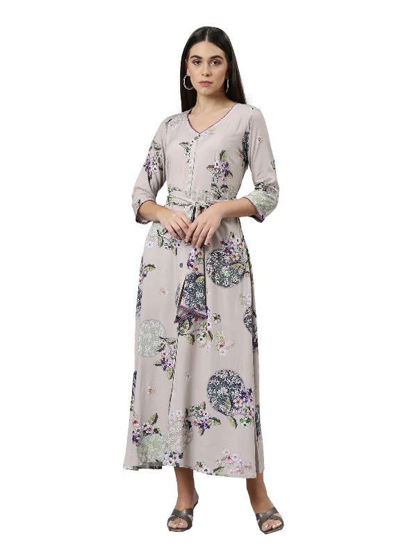 Neerus Women Grey Floral Ethnic Maxi Dress Stylish Longline Maxi Dress