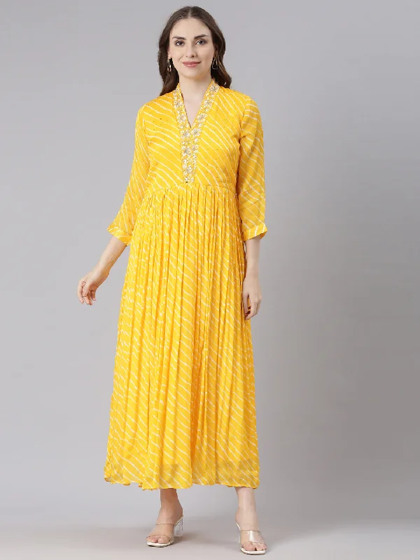 Neerus Yellow Cotton Straight Casual Ethnic Motifs Maxi Dresses Cozy Maxi Dress with Slit