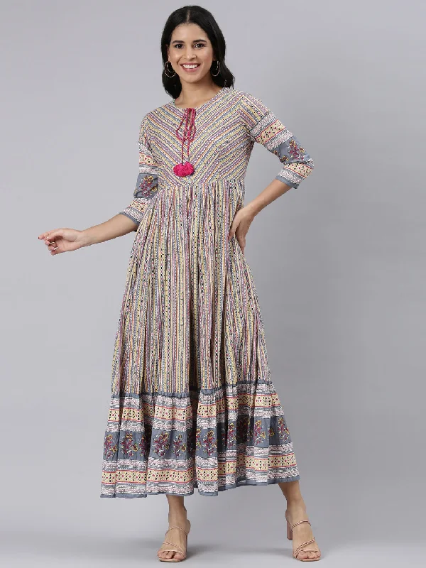 Neerus Yellow Curved Casual Ethnic Motifs Maxi Dresses Stylish Boho Chic Maxi Dress