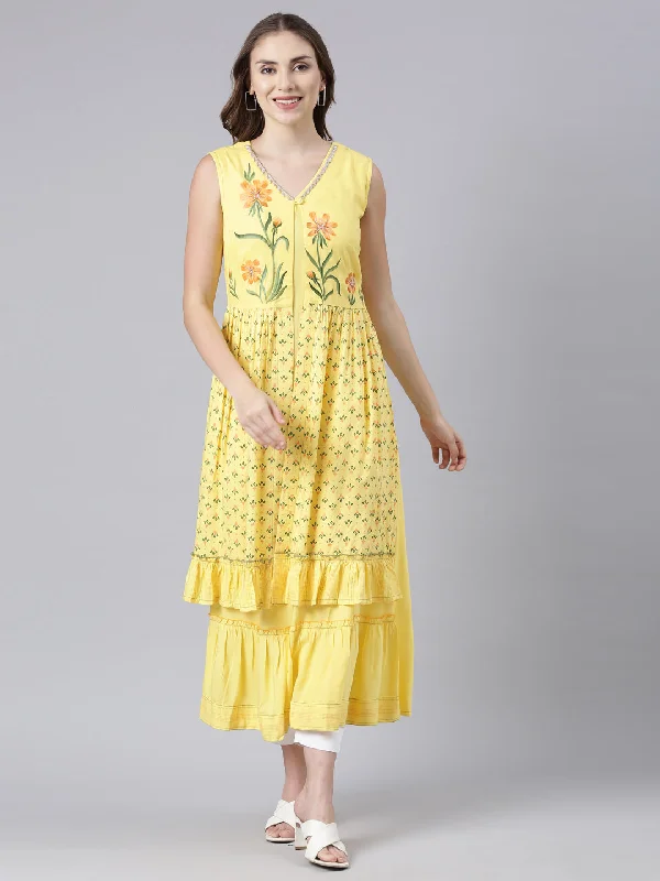 Neerus Yellow Flared Casual Solid Maxi Dresses Chic Off-Shoulder Maxi Dress