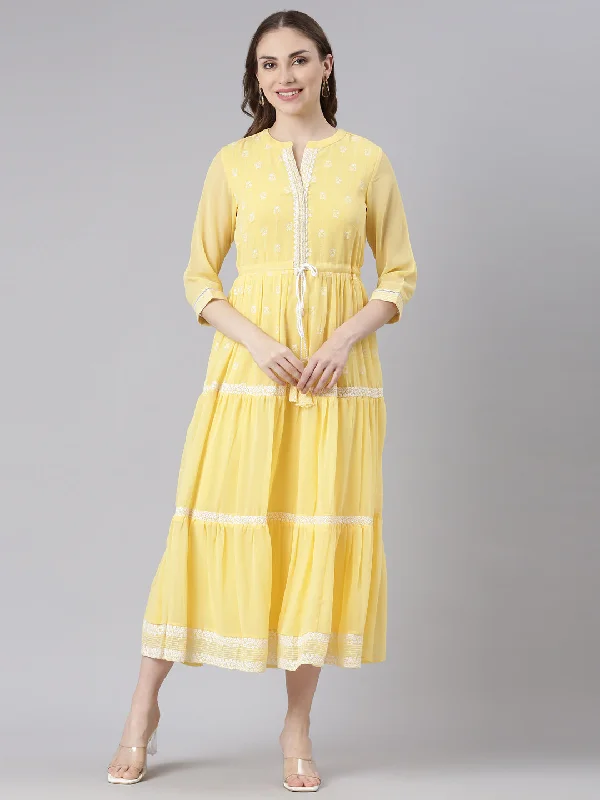 Neerus Yellow Georgette Straight Casual Ethnic Motifs Maxi Dresses Fashionable Off-Shoulder Maxi Dress Neerus Yellow Georgette Straight Casual Ethnic Motifs Maxi Dresses Fashionable Off-Shoulder Maxi Dress