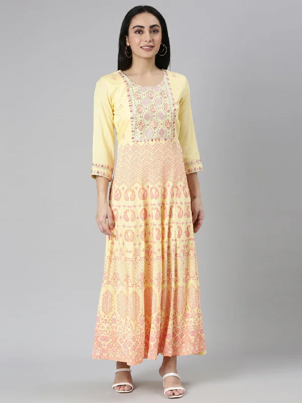 Neerus Yellow Straight Casual Ethnic Motifs Maxi Dresses Elegant Maxi Dress with Lace