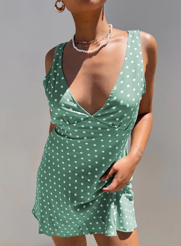 Nellie Mini Dress Green Polka Dot Fashionable Boho-Chic Mini Dress