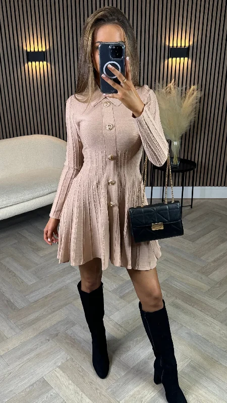 Nessa Beige Button Down Collared Knit Mini Dress Fashionable Mini Dress with Slits