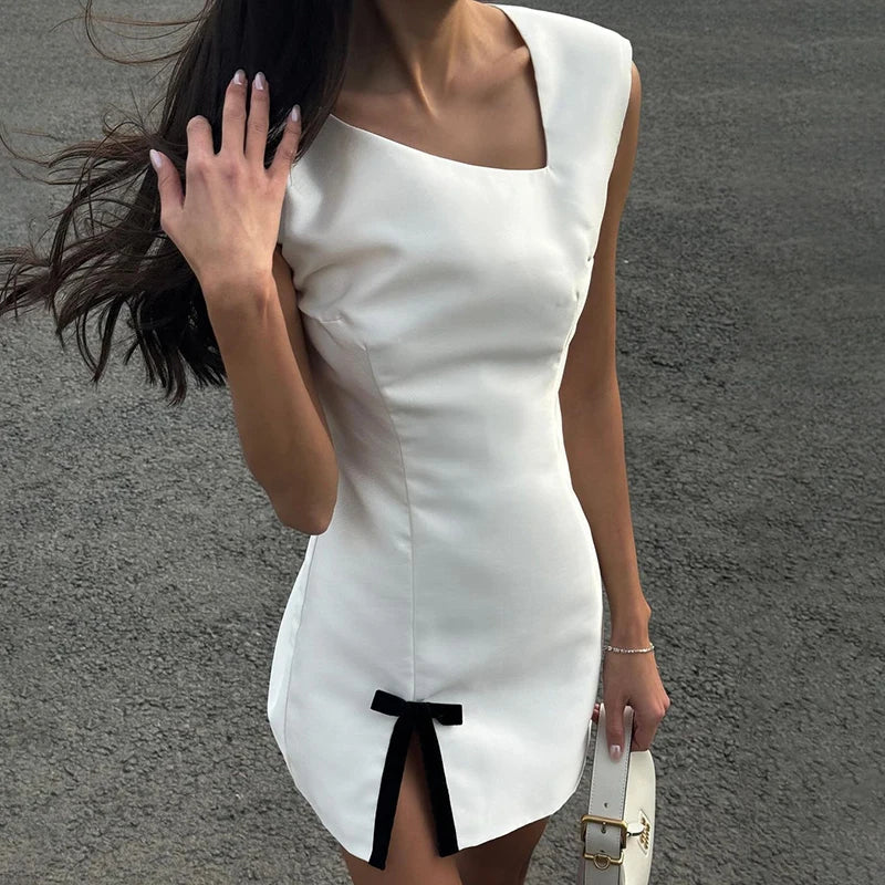 New Satin Tank Skew Collar Bow Split Elegant Party Bodycon Mini Dress Stylish Ribbed Mini Dress