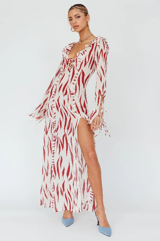 Oasis Moon Frill Trim Maxi Dress Printed Ruby Trendy Off-Shoulder Ruffle Maxi Dress