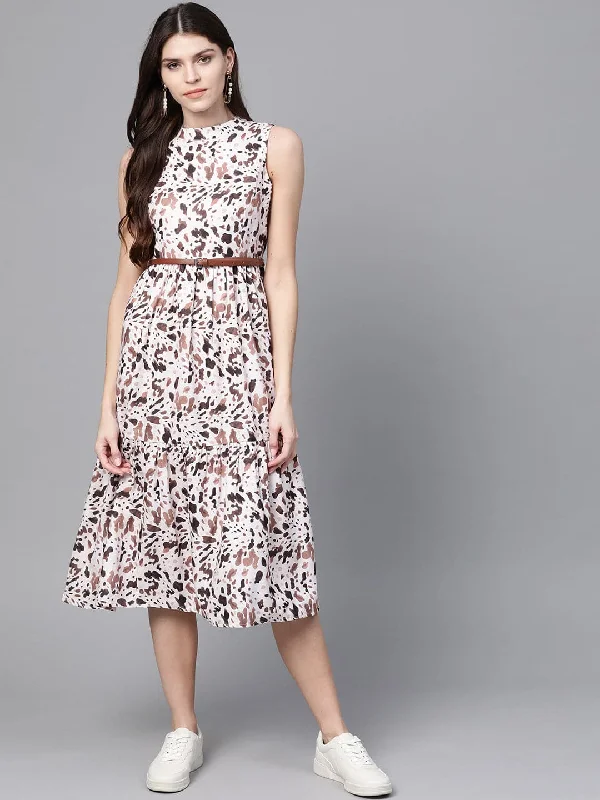 Off White Leopard Tiered Belted Midi Dress Trendy Tiered Hem Midi Dress