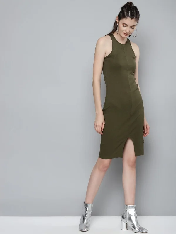 Olive Box Back Bodycon Midi Dress Fashionable High-Neck Midi Dress