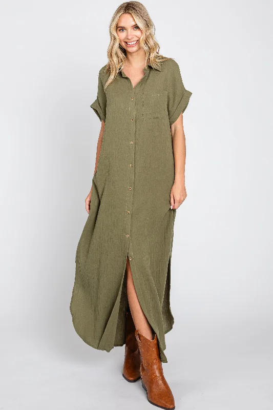 Olive Button Down Midi Dress Fashionable Floral Embroidery Midi Dress