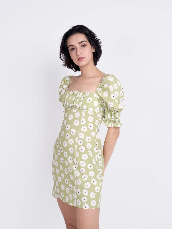 Glamorous Care Olive Green Flower Puff Sleeve Mini Dress Cozy Sweater Mini Dress