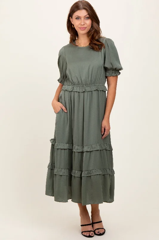 Olive Satin Ruffle Trim Midi Dress Chic Lace Detail Midi Dress