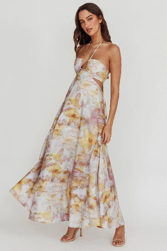 Onika Cut-Out Tied Back Floral Maxi Dress Yellow Fashionable Sheer Maxi Dress