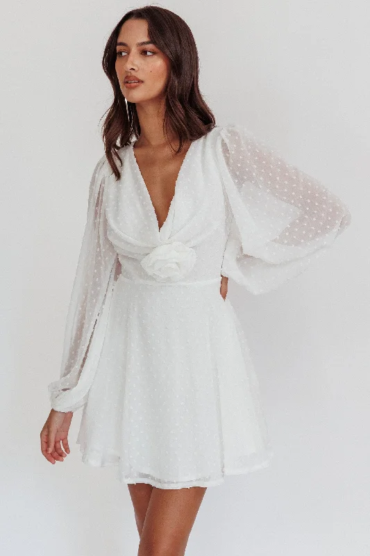 Open Heart Long Sleeve Rosette Mini Dress White Cozy Ruched Mini Dress