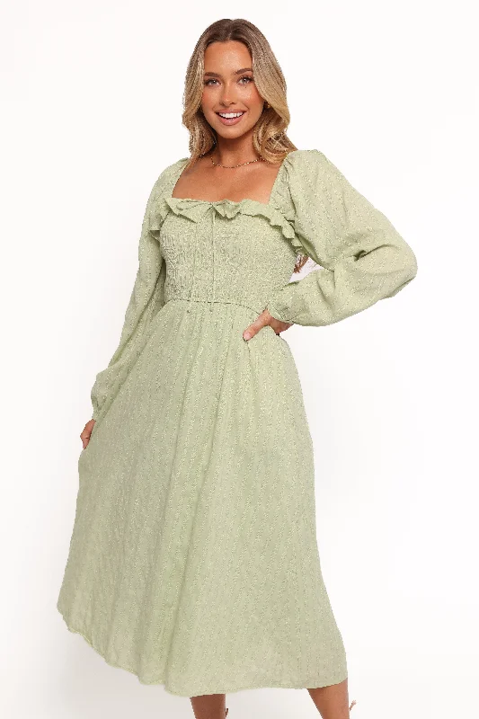 Ophelia Midi Dress - Olive Fashionable Off-Shoulder Dress Midi