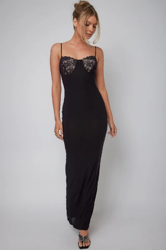Ora Lace Bust Bodycon Maxi Dress Black Fashionable Button-Down Maxi Dress