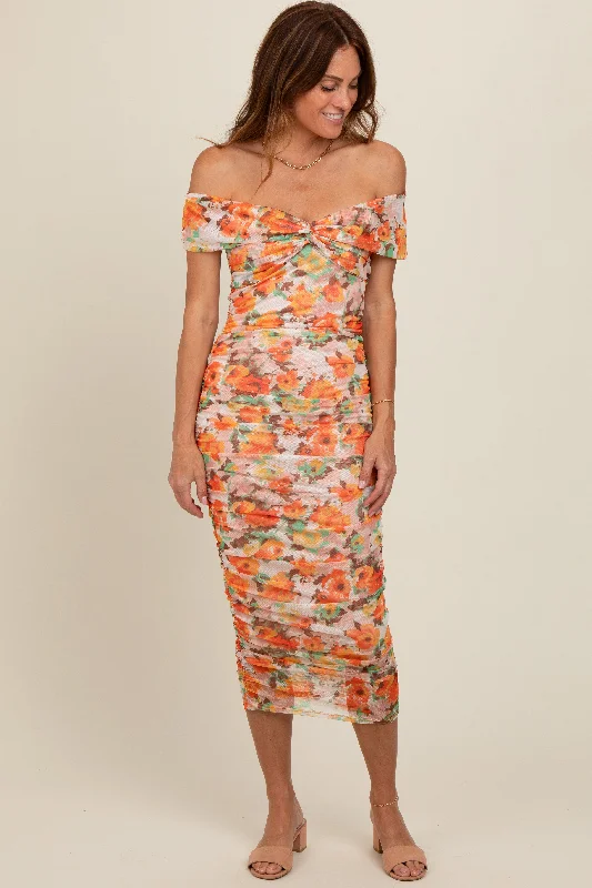 Orange Floral Off Shoulder Ruched Midi Dress Trendy Ruched Side Midi Dress