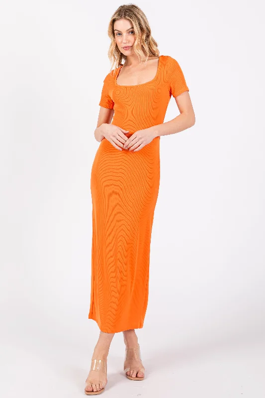 Orange Ribbed Fitted Midi Dress Fashionable Pleated Midi Dress