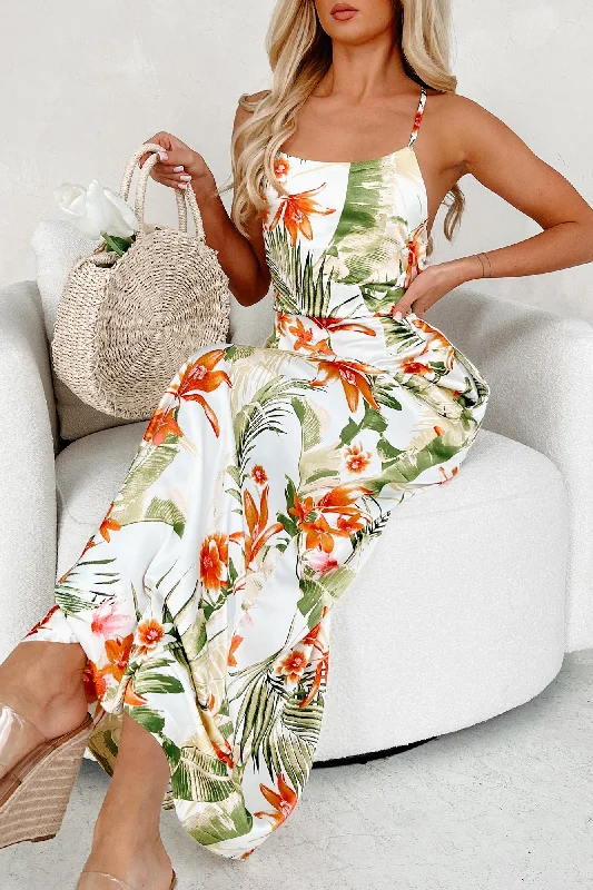 Palm Paradise Tropical Satin Maxi Dress (Off White/Multi) Stylish Button-Up Maxi Dress