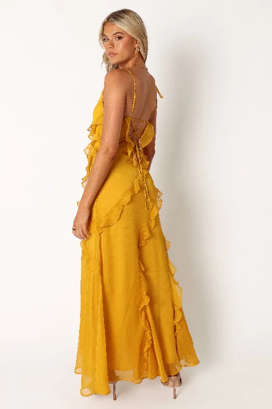 Palmer Ruffle Midi Dress - Marigold Trendy Bodycon Midi Dress