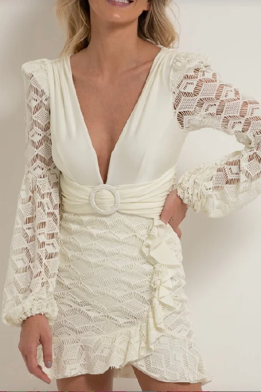 Crochet Plunge Mini Dress Ivory Stylish Button-Down Mini Dress