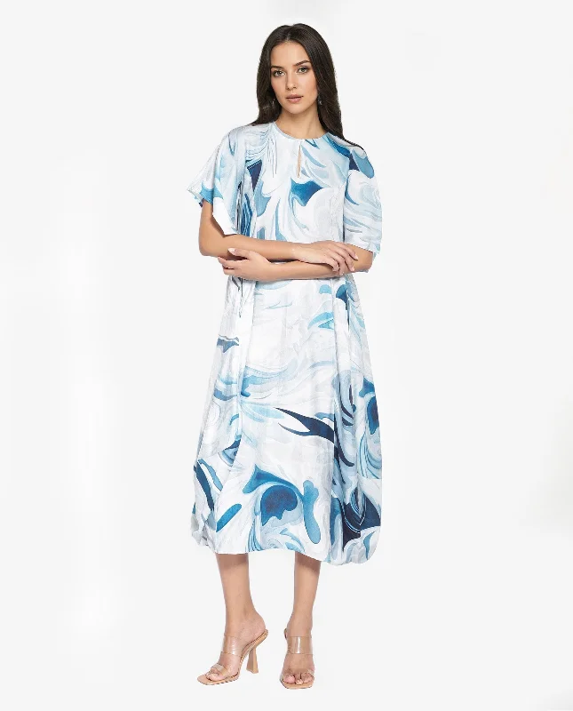 Rareism Women Pesto Light Blue 3/4Th Sleeve V-Neck Balloon Fit Abstract Print Midi Dress Cozy Ribbed Knit Midi Dress