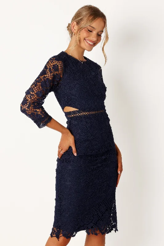 Pia Long Sleeve Midi Dress - Navy Cozy Wide Strap Midi Dress