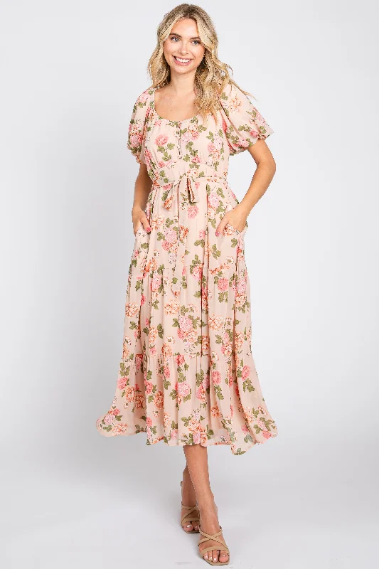 Pink Floral Button Puff Sleeve Midi Dress Elegant Maxi-Midi Hybrid Dress