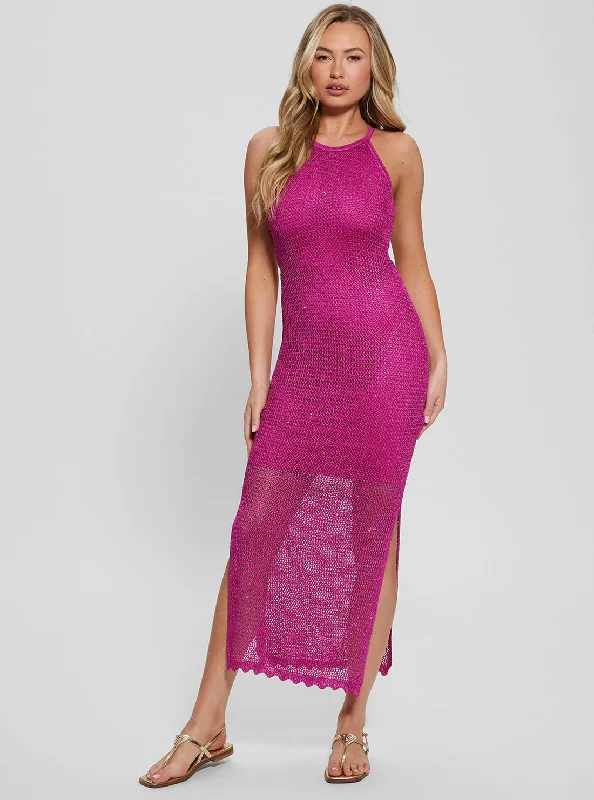 Pink Lana Mesh Stitch Midi Dress Trendy Boho Midi Dress