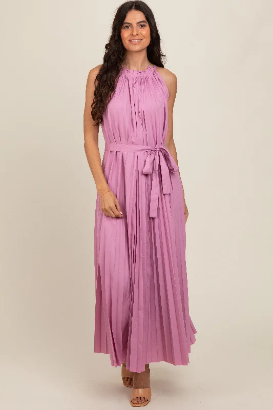 Pink Pleated Empire Tied Waist Midi Dress Elegant Maxi-Midi Hybrid Dress