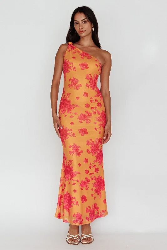 Portland One-Shoulder Jersey Maxi Dress Floral Orange Trendy V-Neck Maxi Dress